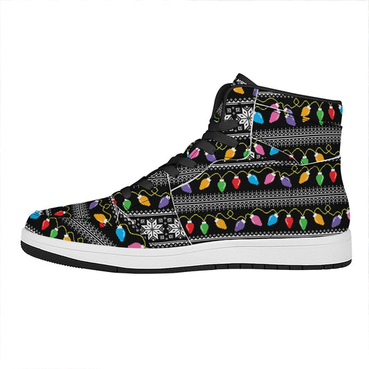 Christmas Tree Lights Print High Top Leather Sneakers