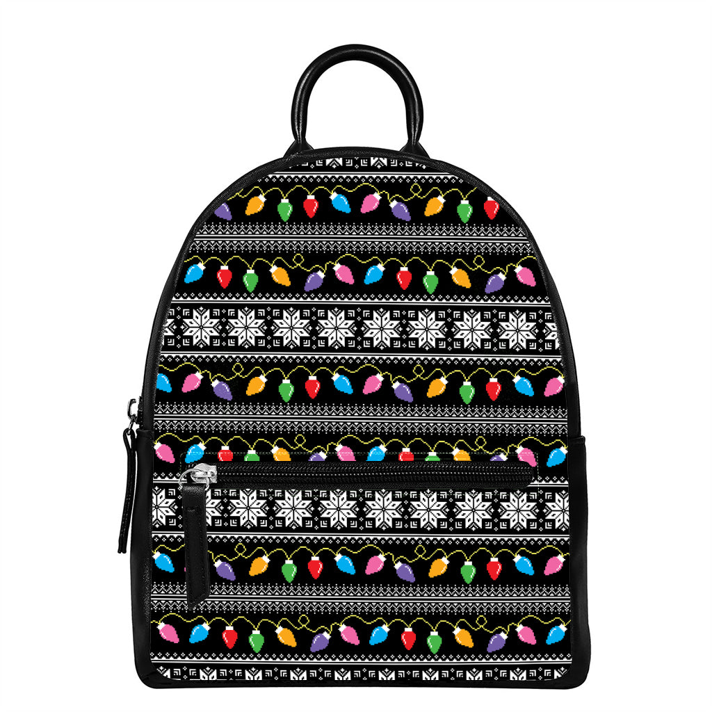 Christmas Tree Lights Print Leather Backpack
