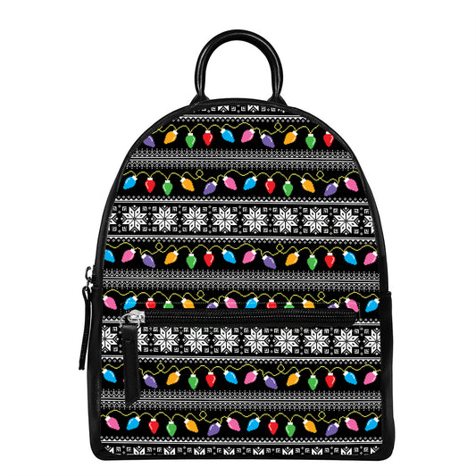 Christmas Tree Lights Print Leather Backpack