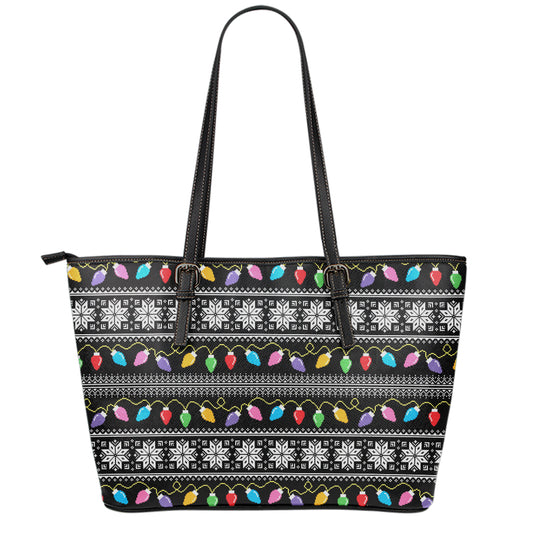 Christmas Tree Lights Print Leather Tote Bag