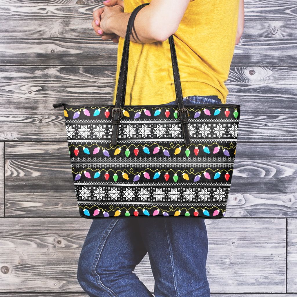 Christmas Tree Lights Print Leather Tote Bag
