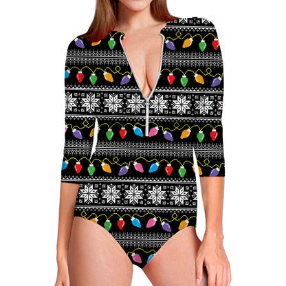 Christmas Tree Lights Print Long Sleeve Swimsuit
