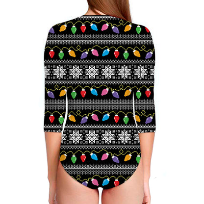 Christmas Tree Lights Print Long Sleeve Swimsuit