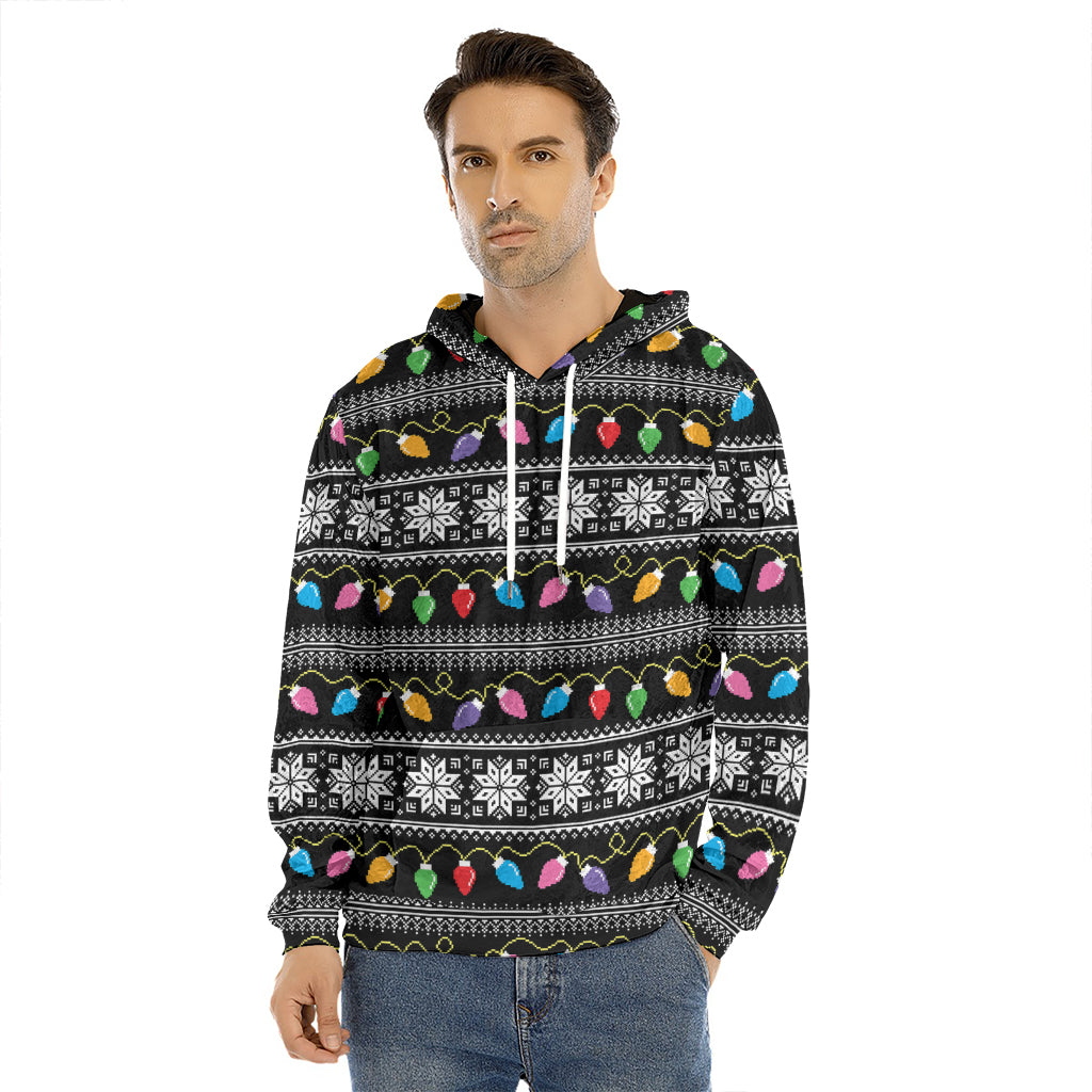 Christmas Tree Lights Print Men's Velvet Pullover Hoodie