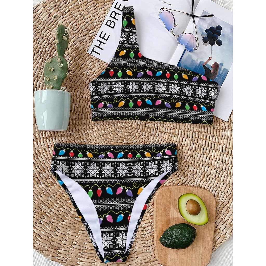 Christmas Tree Lights Print One Shoulder Bikini Top