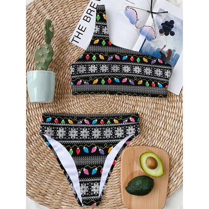 Christmas Tree Lights Print One Shoulder Bikini Top