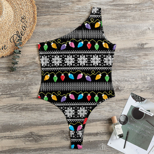 Christmas Tree Lights Print One Shoulder Bodysuit