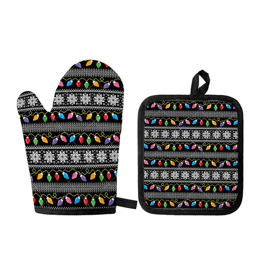 Christmas Tree Lights Print Oven Mitt And Pot Holder Set