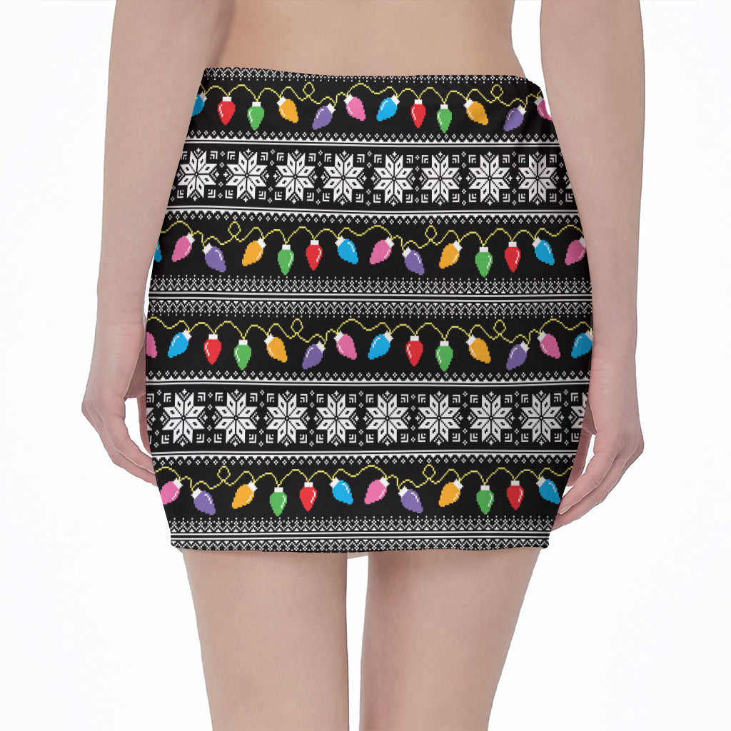 Christmas Tree Lights Print Pencil Mini Skirt