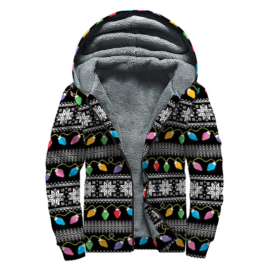 Christmas Tree Lights Print Sherpa Lined Zip Up Hoodie
