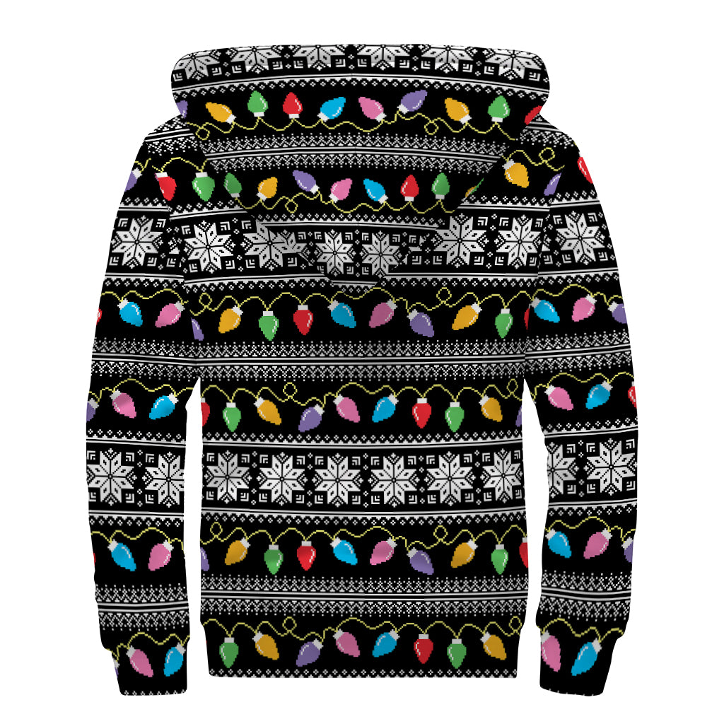Christmas Tree Lights Print Sherpa Lined Zip Up Hoodie