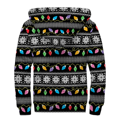 Christmas Tree Lights Print Sherpa Lined Zip Up Hoodie