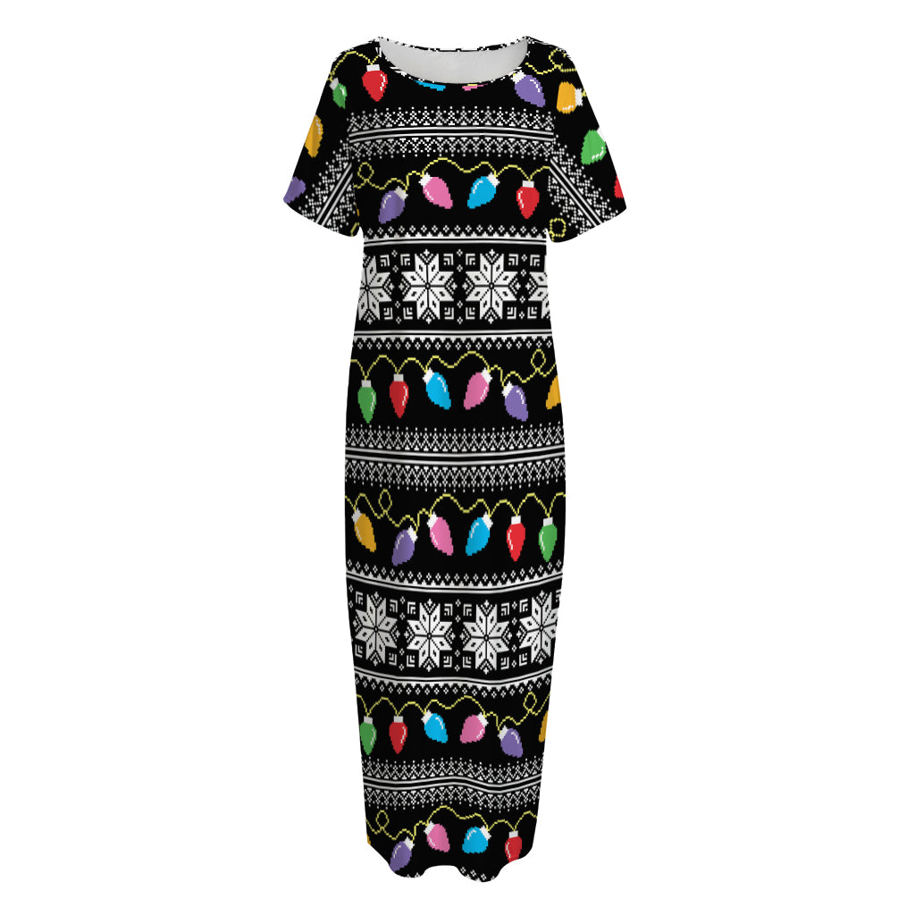 Christmas Tree Lights Print Short Sleeve Long Nightdress