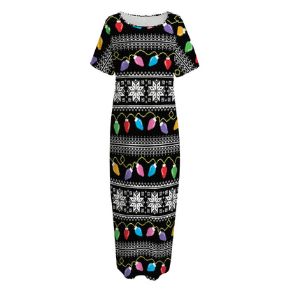 Christmas Tree Lights Print Short Sleeve Long Nightdress