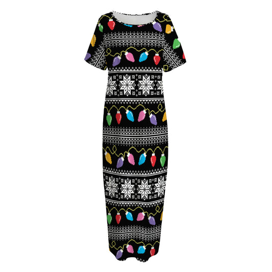 Christmas Tree Lights Print Short Sleeve Long Nightdress