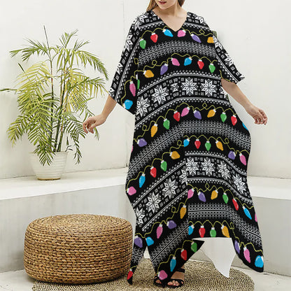 Christmas Tree Lights Print Silk V-Neck Kaftan Dress