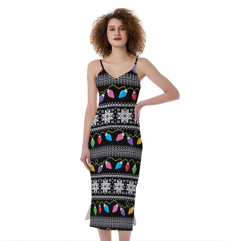 Christmas Tree Lights Print Slim Fit Midi Cami Dress
