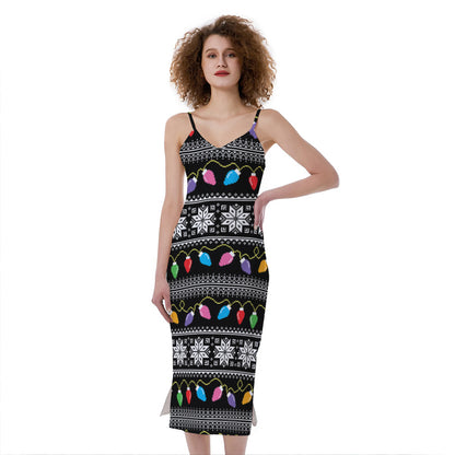 Christmas Tree Lights Print Slim Fit Midi Cami Dress