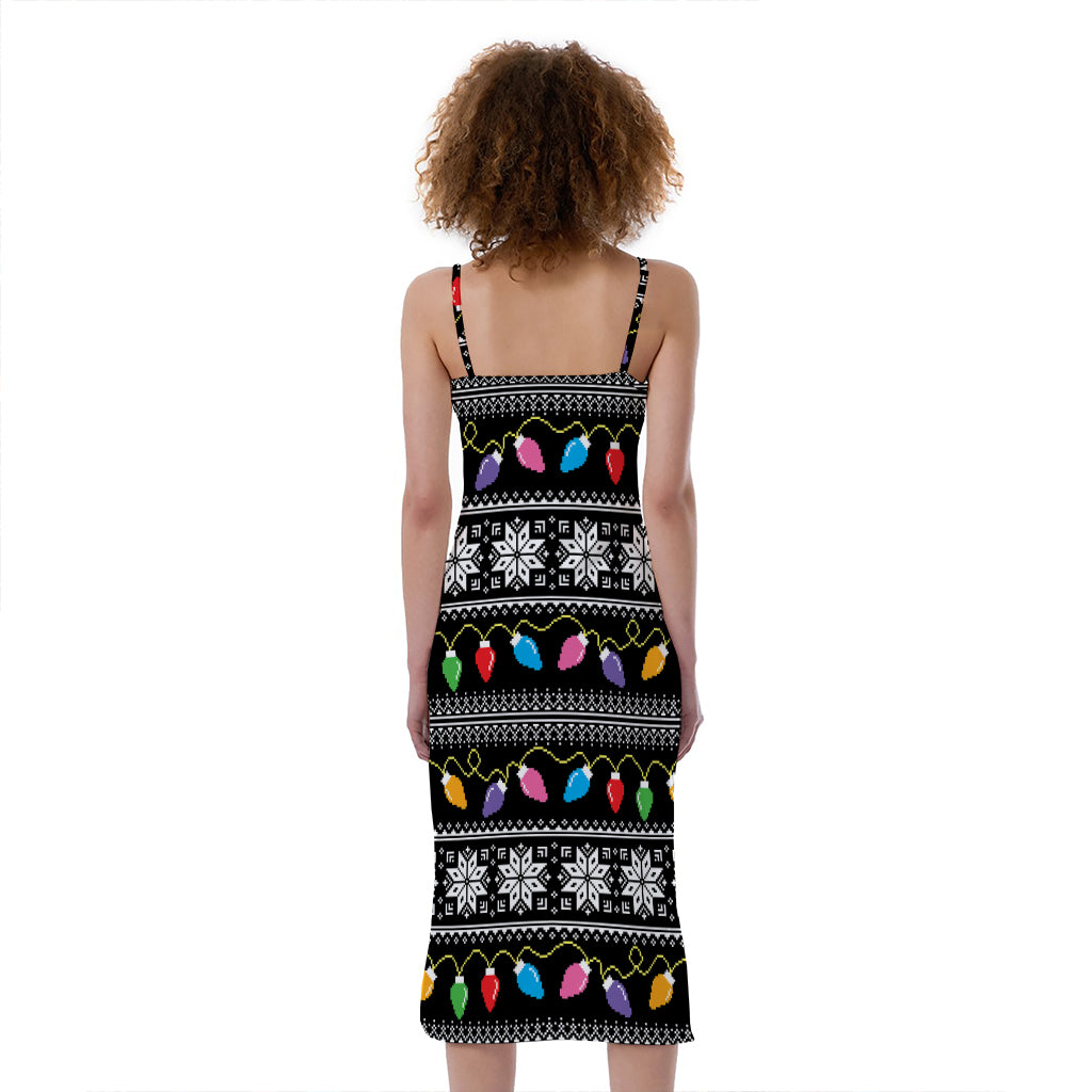 Christmas Tree Lights Print Slim Fit Midi Cami Dress