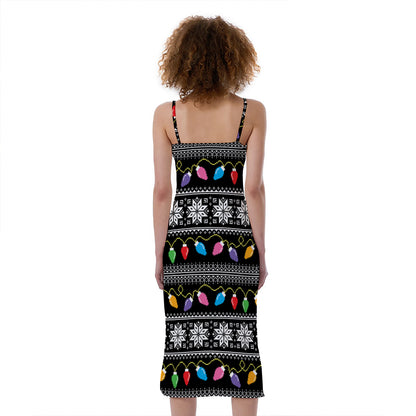 Christmas Tree Lights Print Slim Fit Midi Cami Dress