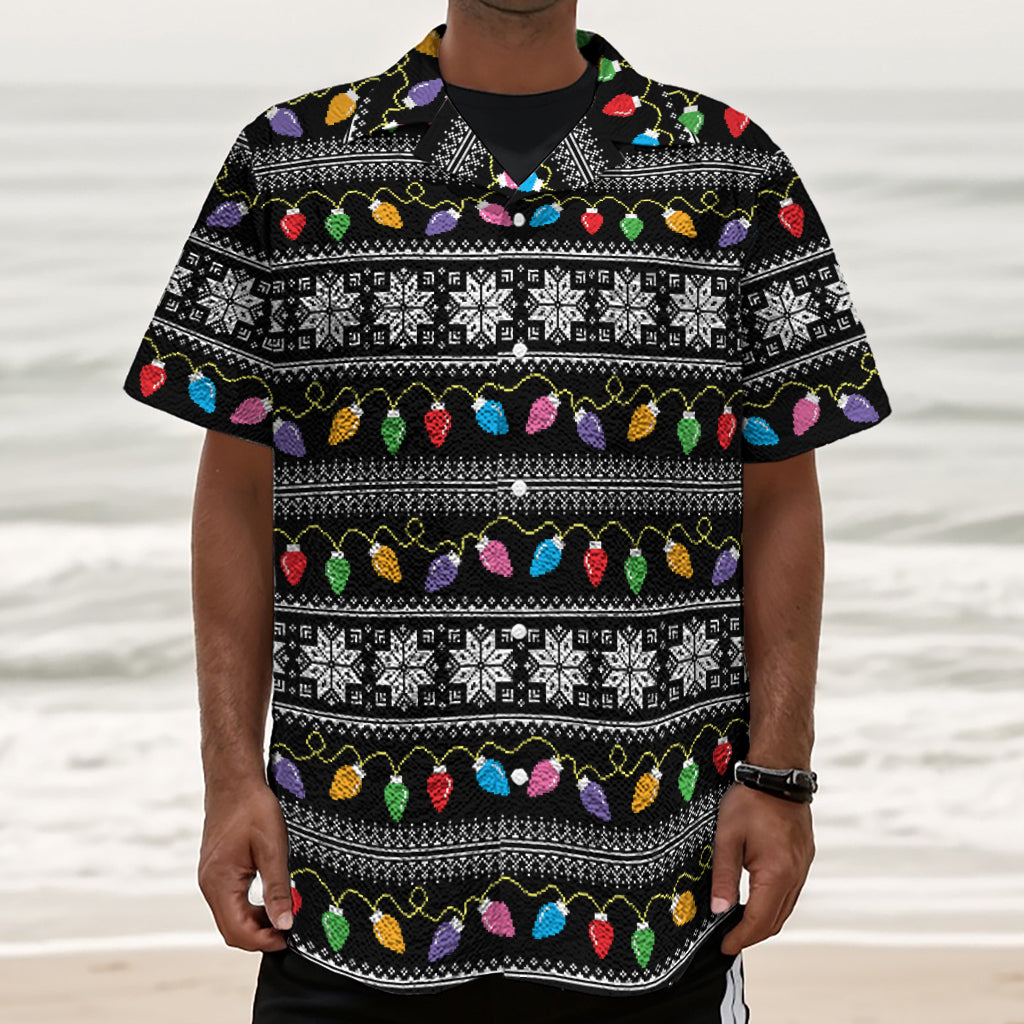 Christmas Tree Lights Print Textured Short Sleeve Shirt