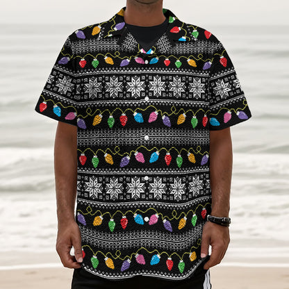 Christmas Tree Lights Print Textured Short Sleeve Shirt