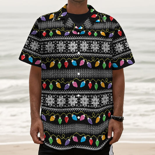 Christmas Tree Lights Print Textured Short Sleeve Shirt