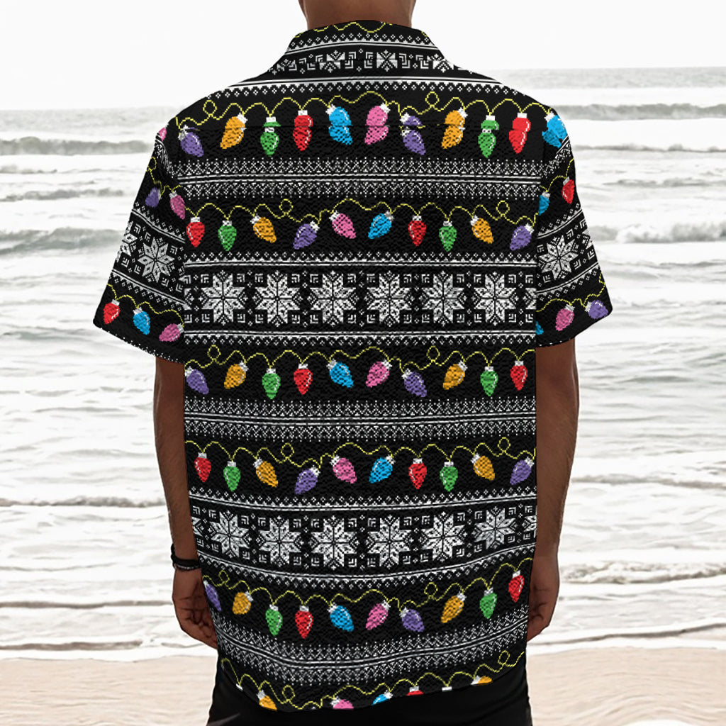 Christmas Tree Lights Print Textured Short Sleeve Shirt