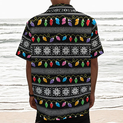 Christmas Tree Lights Print Textured Short Sleeve Shirt