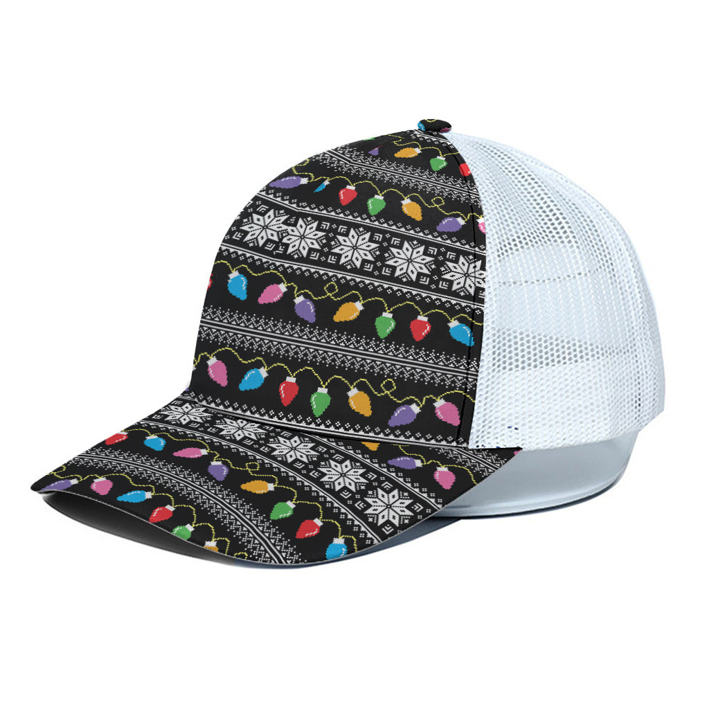 Christmas Tree Lights Print White Mesh Trucker Cap