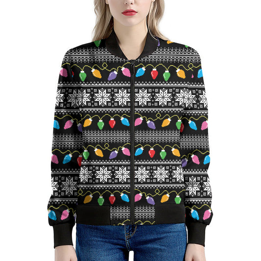 Christmas Tree Lights Print Women's Bomber Jacket
