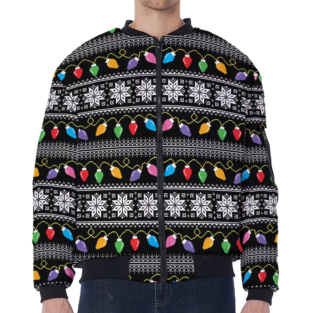 Christmas Tree Lights Print Zip Sleeve Bomber Jacket