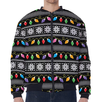 Christmas Tree Lights Print Zip Sleeve Bomber Jacket