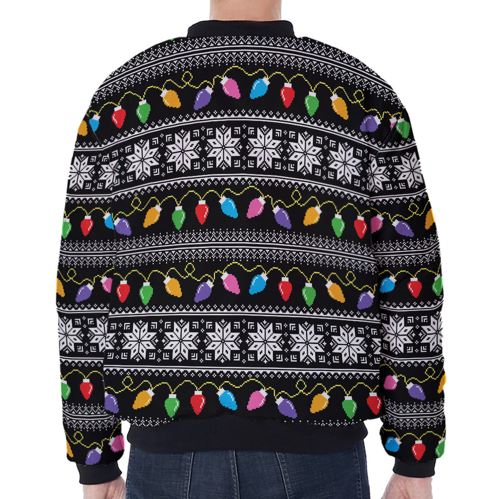 Christmas Tree Lights Print Zip Sleeve Bomber Jacket