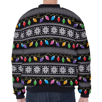 Christmas Tree Lights Print Zip Sleeve Bomber Jacket