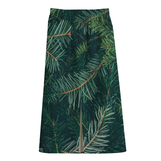 Christmas Tree Print Cotton Front Slit Maxi Skirt