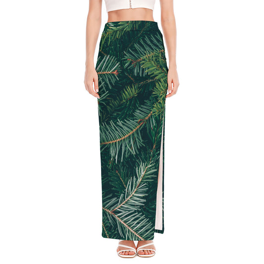 Christmas Tree Print High Slit Maxi Skirt