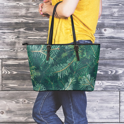 Christmas Tree Print Leather Tote Bag
