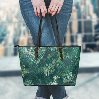 Christmas Tree Print Leather Tote Bag