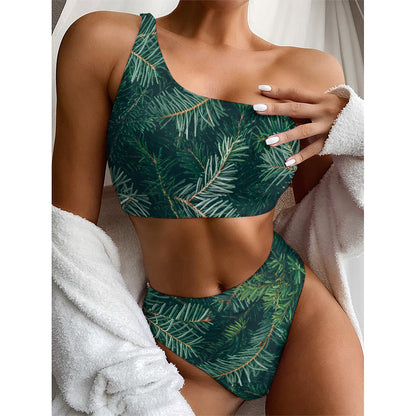 Christmas Tree Print One Shoulder Bikini Top