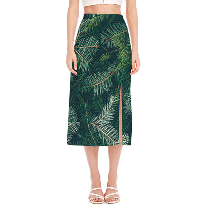 Christmas Tree Print Side Slit Midi Skirt