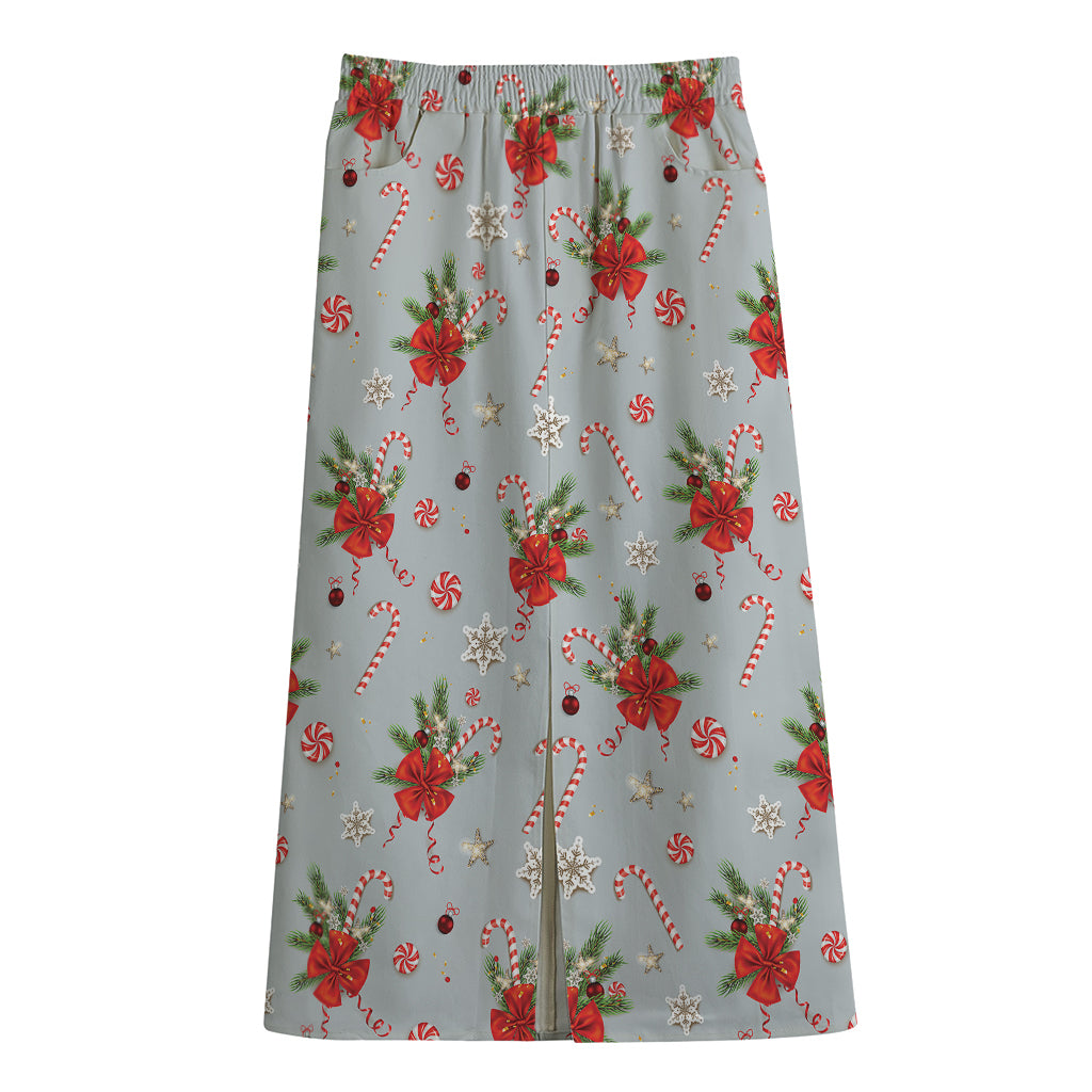 Christmas Winter Holiday Pattern Print Cotton Front Slit Maxi Skirt