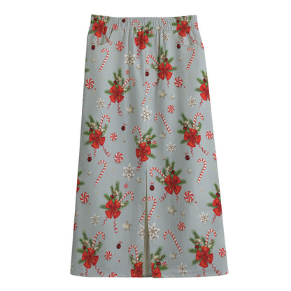 Christmas Winter Holiday Pattern Print Cotton Front Slit Maxi Skirt