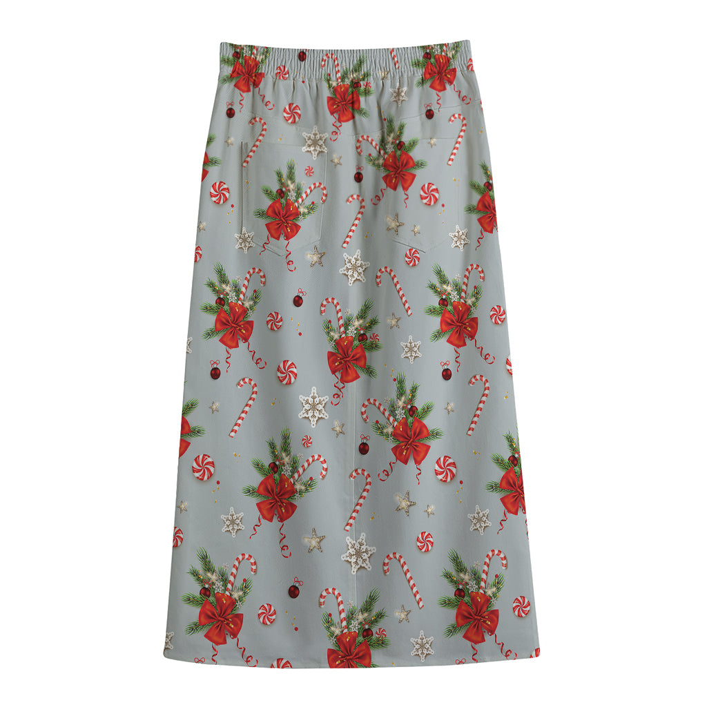 Christmas Winter Holiday Pattern Print Cotton Front Slit Maxi Skirt