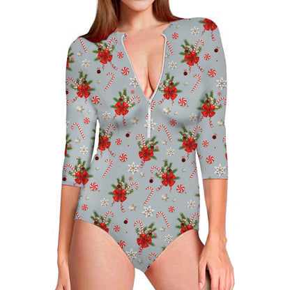 Christmas Winter Holiday Pattern Print Long Sleeve Swimsuit