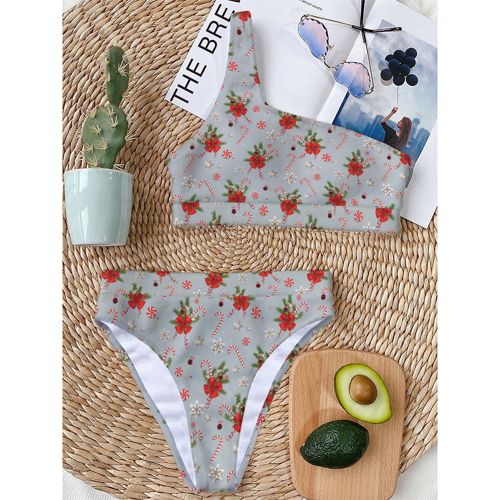 Christmas Winter Holiday Pattern Print One Shoulder Bikini Top