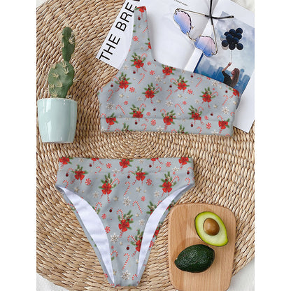 Christmas Winter Holiday Pattern Print One Shoulder Bikini Top