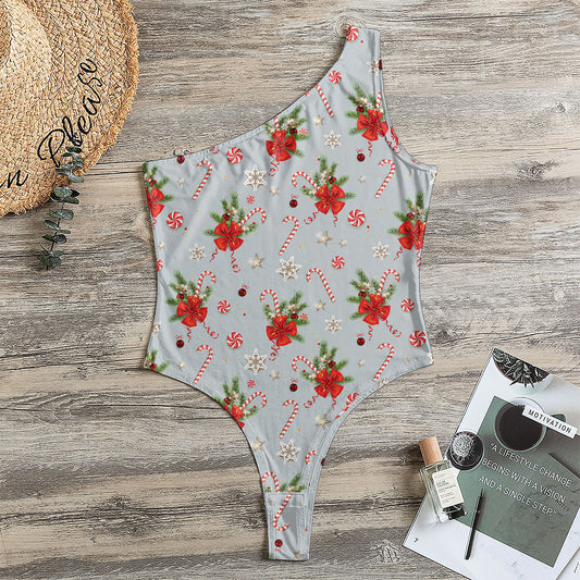 Christmas Winter Holiday Pattern Print One Shoulder Bodysuit