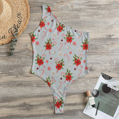 Christmas Winter Holiday Pattern Print One Shoulder Bodysuit