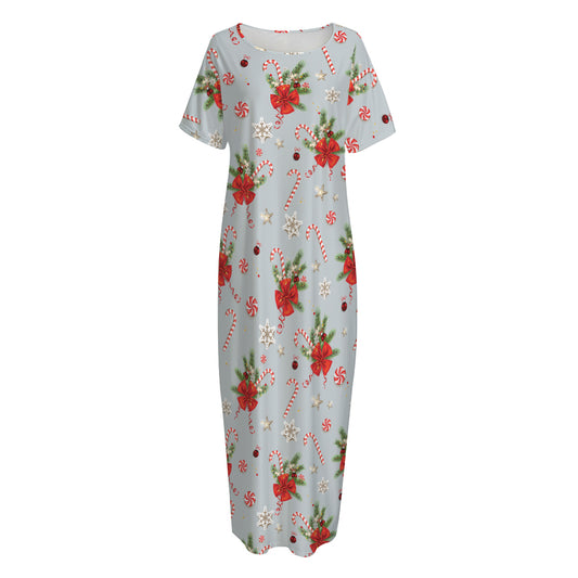 Christmas Winter Holiday Pattern Print Short Sleeve Long Nightdress